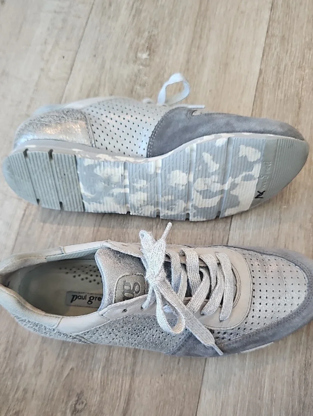 Paul Green Light Gray and Silver Perforated Suede Sneakers